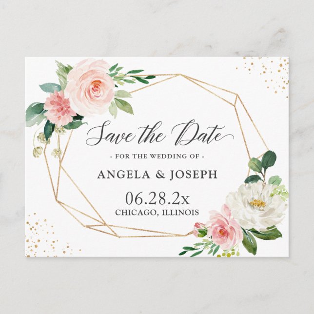 Modern Geometric  Rosa Blommigt Spara datum Inbjudan Vykort (Framsida)