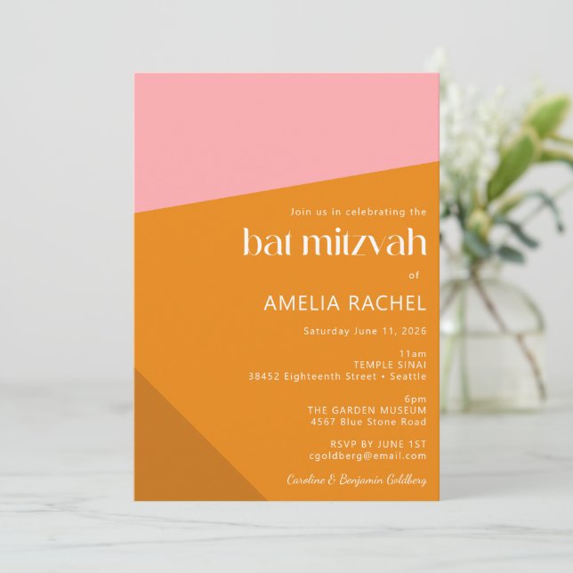 Modern Geometric Rosa Burnt Orange Bat mitzvah Inbjudningar (Stående Fram)