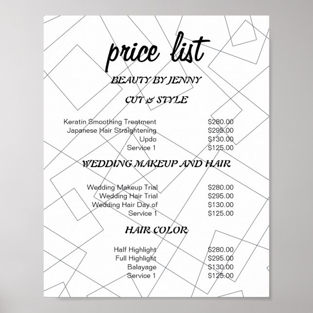 Modern Geometric Skönhetssalong Prislista Poster (Framsidan)