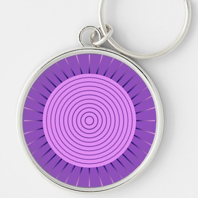 Modern Geometric Sunburst - Amethyst Lila Rund Silverfärgad Nyckelring (Framsidan)