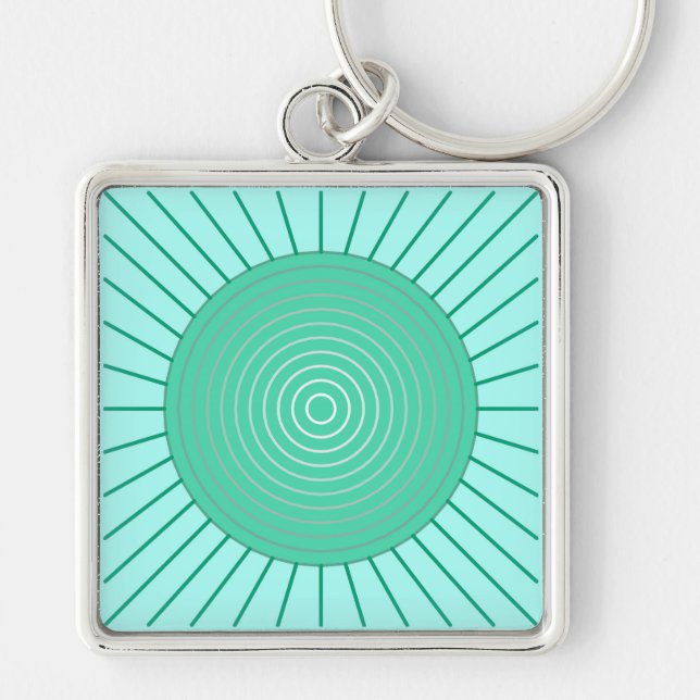 Modern Geometric Sunburst - Aqua and Seafoam Grönt Fyrkantig Silverfärgad Nyckelring (Framsidan)