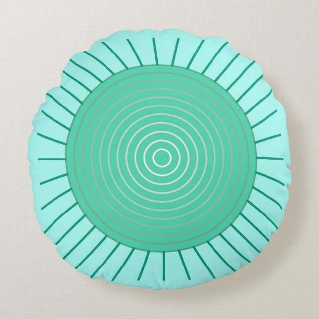 Modern Geometric Sunburst - Aqua and Seafoam Grönt Rund Kudde (Framsidan)