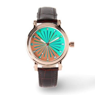 Modern Geometric Sunburst, Aqua & Chocolate Brown Armbandsur