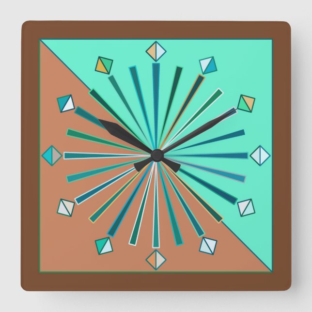 Modern Geometric Sunburst, Aqua & Chocolate Brown Fyrkantig Klocka (Framsida)