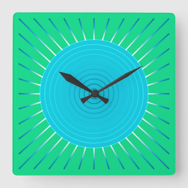 Modern Geometric Sunburst - Blue- och Jade-Grönt Fyrkantig Klocka (Framsida)