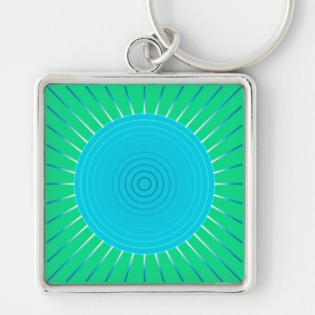 Modern Geometric Sunburst - Blue- och Jade-Grönt Fyrkantig Silverfärgad Nyckelring (Framsidan)