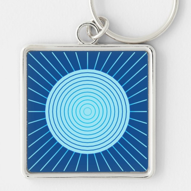 Modern Geometric Sunburst - Cobalt Blue och Aqua Fyrkantig Silverfärgad Nyckelring (Framsidan)