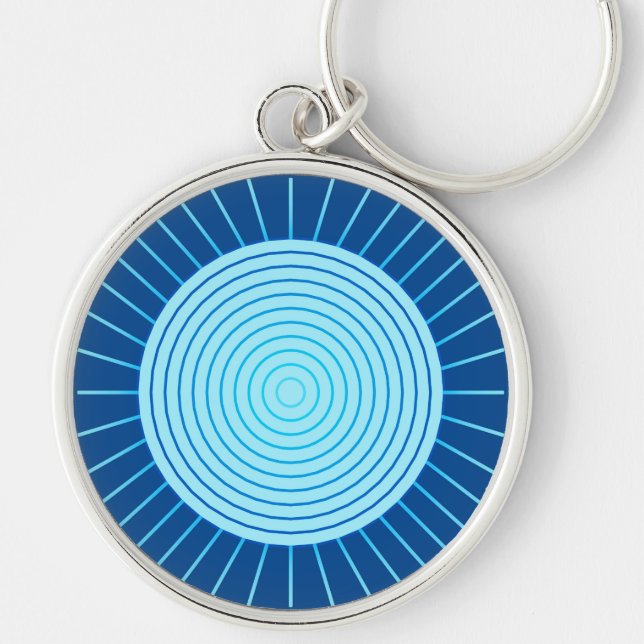Modern Geometric Sunburst - Cobalt Blue och Aqua Rund Silverfärgad Nyckelring (Framsidan)