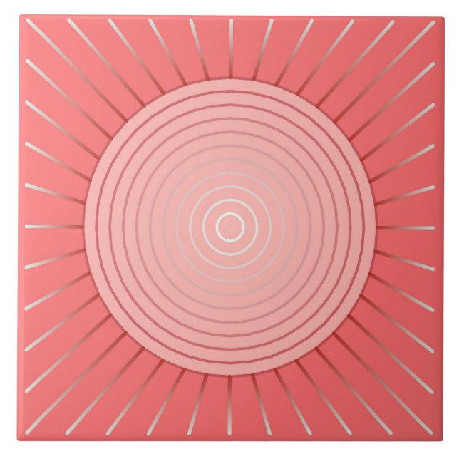 Modern Geometric Sunburst - Djupkorall Rosa Kakelplatta (Framsidan)