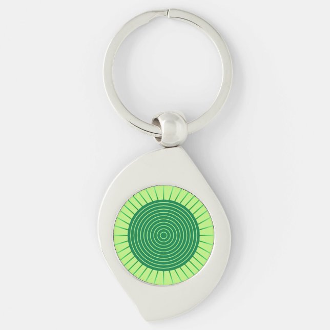 Modern Geometric Sunburst - Emerald Green and Lime Swirl Silverfärgad Nyckelring (Framsidan)