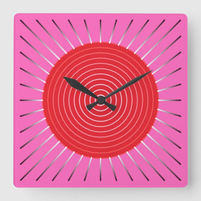 Modern Geometric Sunburst - Fuchsia and Red Fyrkantig Klocka (Framsida)