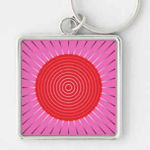 Modern Geometric Sunburst - Fuchsia and Red Fyrkantig Silverfärgad Nyckelring