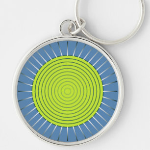 Modern Geometric Sunburst - Lime and Denim Blue Rund Silverfärgad Nyckelring