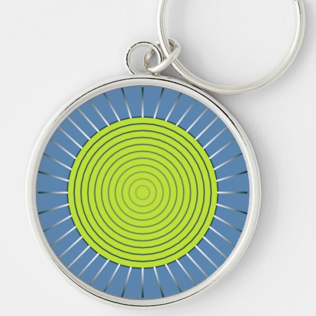 Modern Geometric Sunburst - Lime and Denim Blue Rund Silverfärgad Nyckelring (Framsidan)