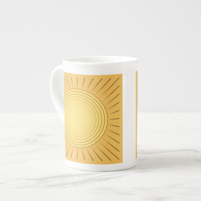 Modern Geometric Sunburst - Mustard Guld / Gult Benporslin Mugg (Framsida vänster)
