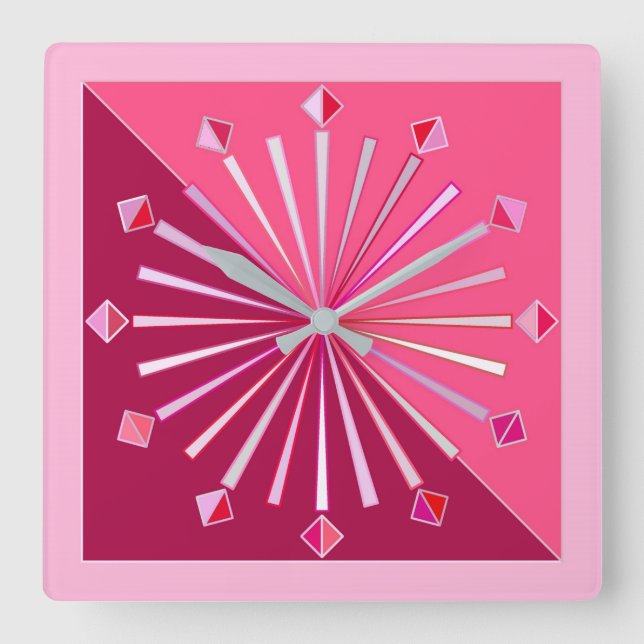Modern Geometric Sunburst, Vin och Fuchsia Rosa Fyrkantig Klocka (Framsida)