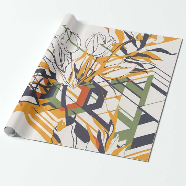 Modern Geometric Tulip Line Art Pattern (2) Presentpapper (Utrullad)