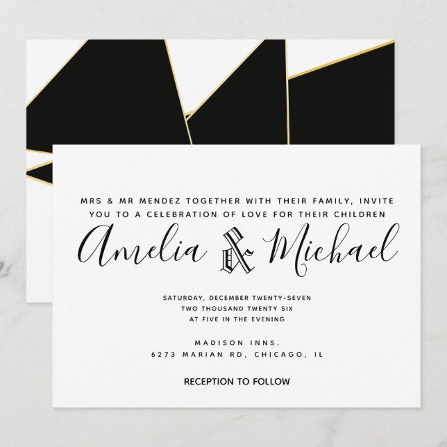 Modern Geometrical Guld Black White Bröllop Inbjudningar (Fram/baksida)