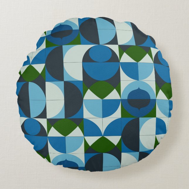 Modern geometrisk blå och grön abstrakt rund kudde (Framsidan)