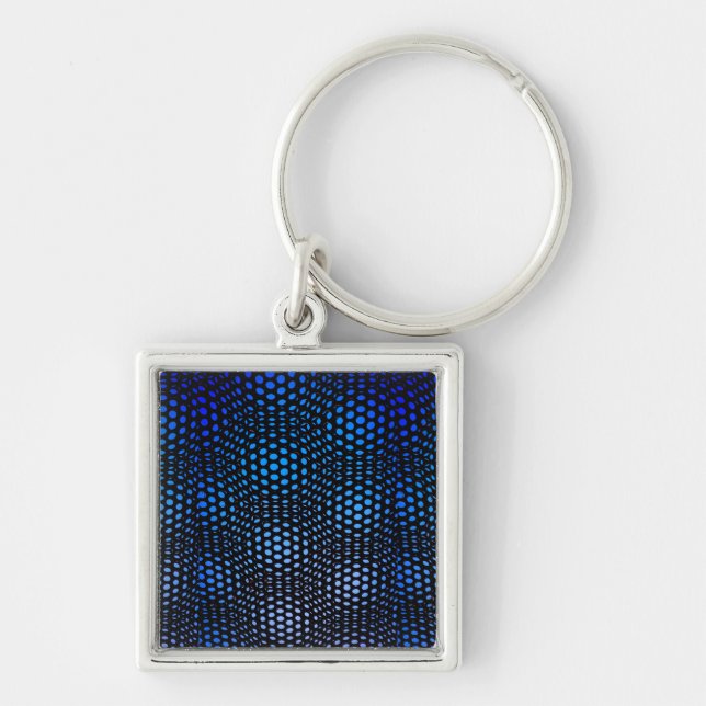 Modern geometrisk blå prickmönster  fyrkantig silverfärgad nyckelring (Framsidan)