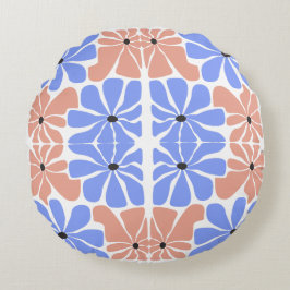 Modern geometrisk blommig - Blå och persikofärgad  Rund Kudde