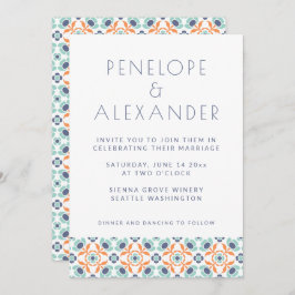 Modern geometrisk botanisk blå Orange Bröllop Inbjudningar