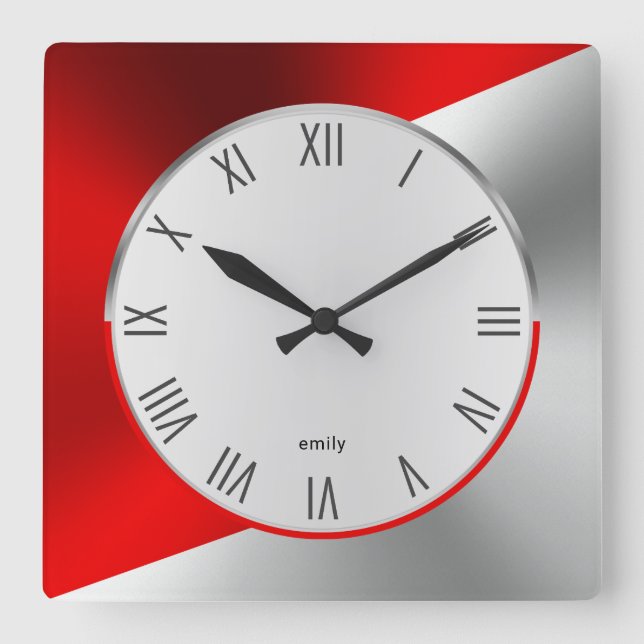 Modern geometrisk design för rött och Silver Fyrkantig Klocka (Framsida)