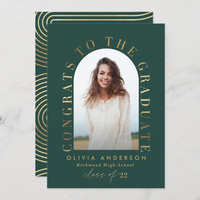 Modern geometrisk grönt guld fotobåge studenten (Fram/baksida)