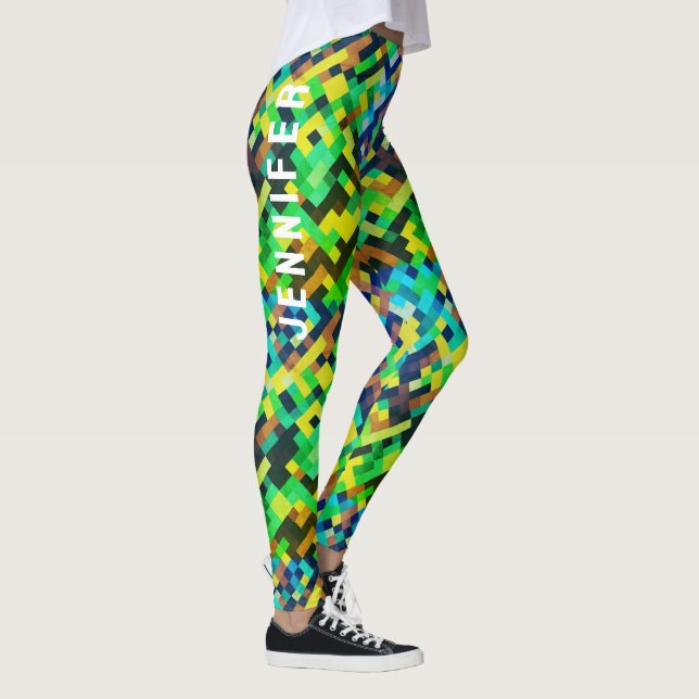 Modern geometrisk Grönt Pixel Art Gaming Mönster Leggings (Höger)