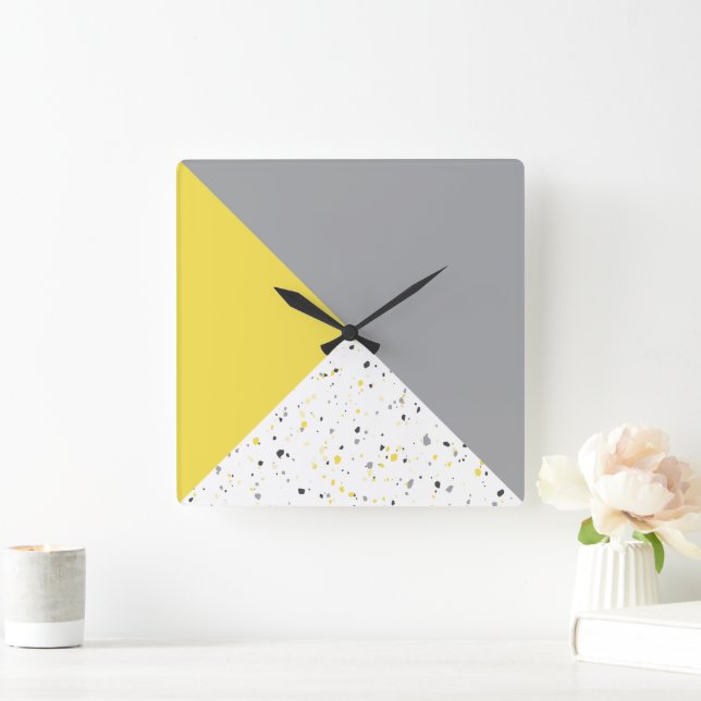 Modern geometrisk Gult Grått Terrazzo Mönster Fyrkantig Klocka (Hem)