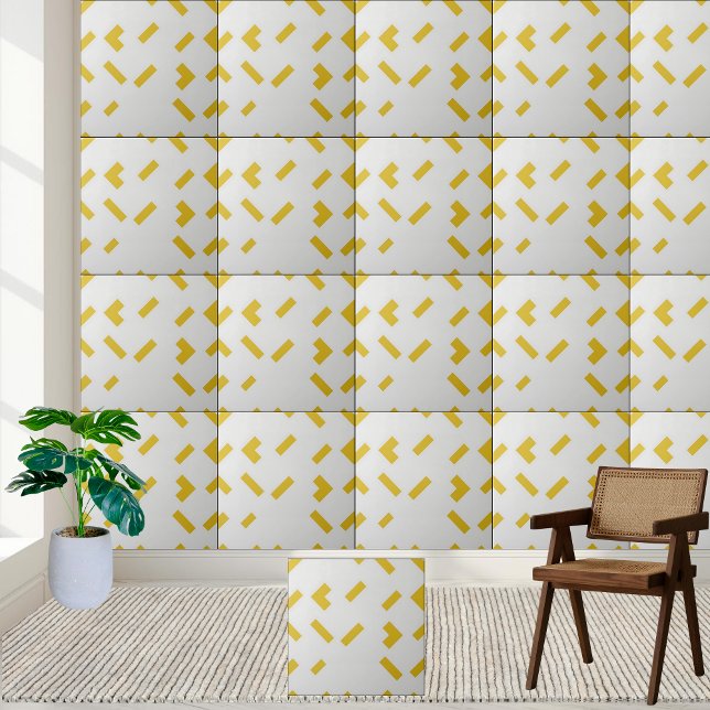 Modern geometrisk Gult och Vita Mönster Kakelplatta (Modern Geometric Yellow and White Pattern Ceramic Tile)