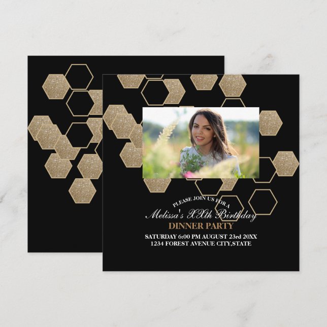 modern geometrisk hexagon svart och guld fest inbjudningar (Fram/baksida)