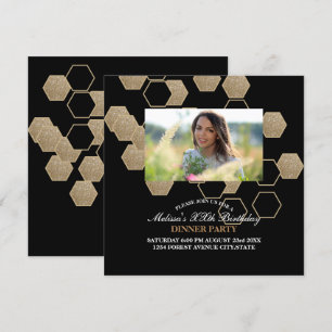 modern geometrisk hexagon svart och guld fest inbjudningar