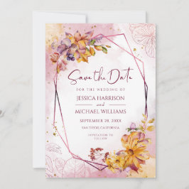 Modern geometrisk Höst löv burgundisk kalligrafi Spara Datumet