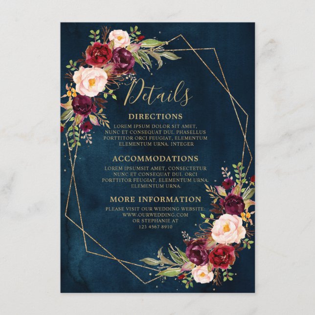 Modern geometrisk information om Burgundy  Blommig Tilläggskort (Framsida)