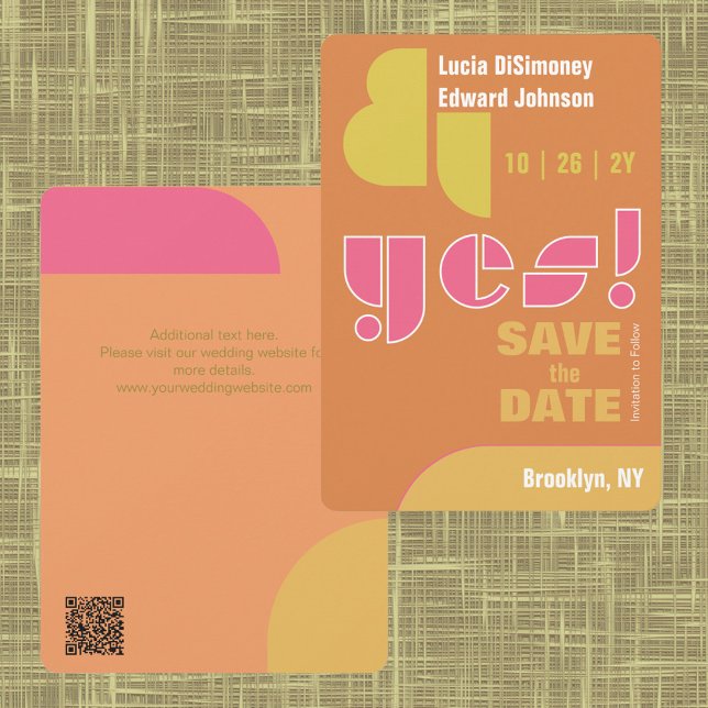Modern geometrisk ja! Bränd Orange Spara datum Spara Datumet (Modern Sophisticated Burnt Orange Yes! Wedding Save the Date. Abstract Shapes. Geometric Typography.)