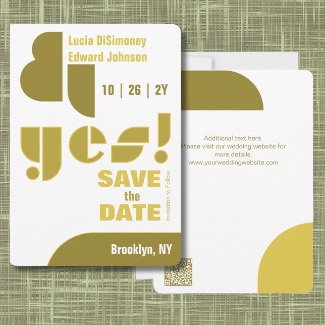 Modern geometrisk ja! Vit Spara datumkort Datumet (Modern Sophisticated Olive Green Yes! Wedding Save the Date. Abstract Shapes. Geometric Typography.)