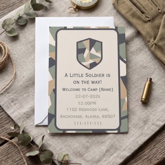 Modern Geometrisk Kamouflage Militär Inbjudningar (Modern Geometric Camo Military Baby Shower Invitation)