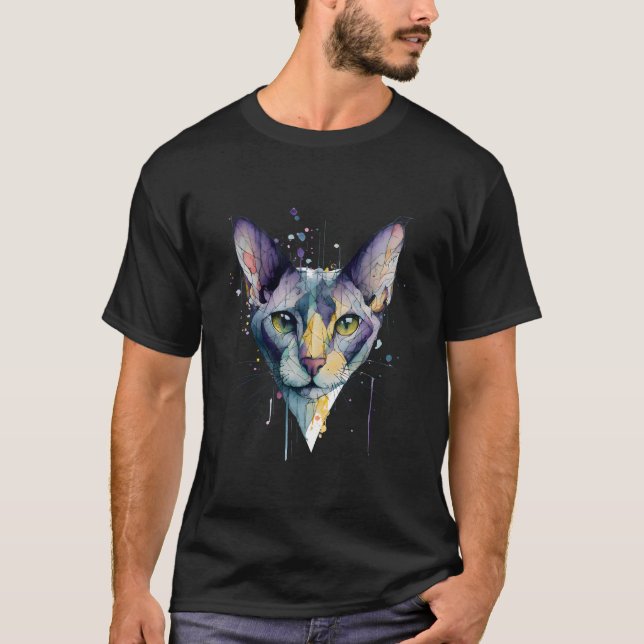 Modern geometrisk kattansikte lavendel vattenfärgs t shirt (Framsida)