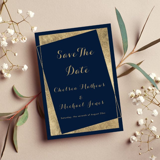 Modern geometrisk marin blå faux guld Spara datum Spara Datumet (Modern geometric navy blue faux gold Save The Date )