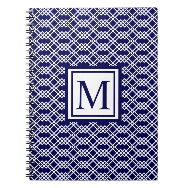 Modern geometrisk monogram i marinblått och vitt anteckningsbok (Framsidan)