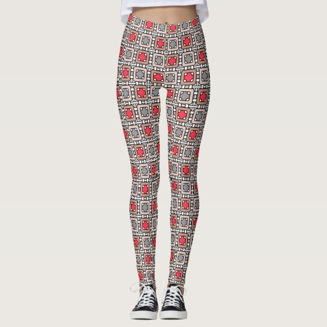 modern geometrisk mönster art deco grått röd, beig leggings (Framsida)