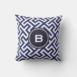 Modern geometrisk mönster monogram för blå abstrak kudde