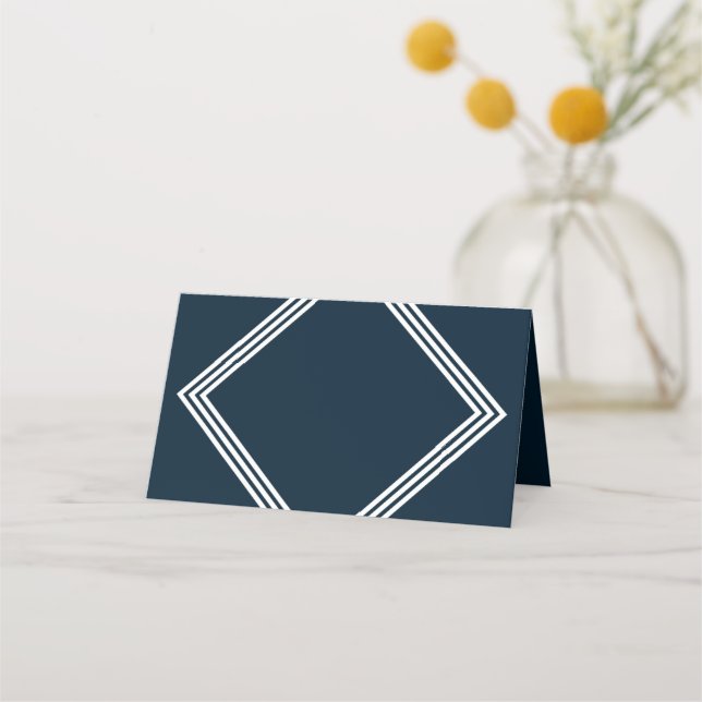 Modern Geometrisk Mörk blått och tredubbel vit Grä Placeringskort (Framsida)