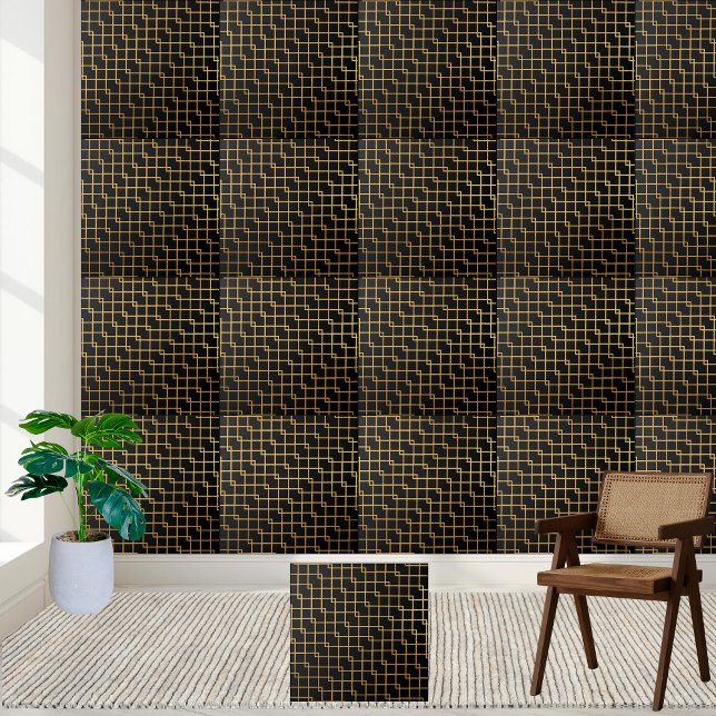 Modern Geometrisk panel för svart och Guld Kakelplatta (Modern Black and Gold Geometric Tile)
