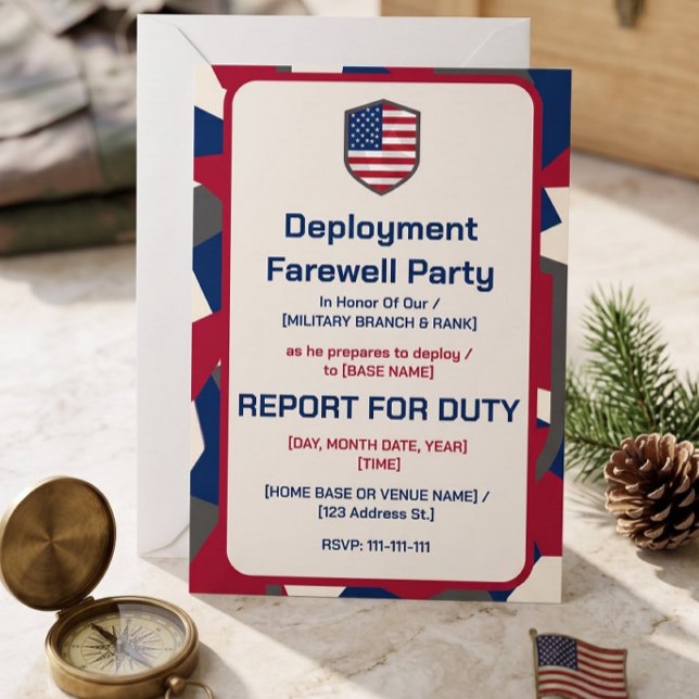 Modern geometrisk patriotisk militär utplacering inbjudningar (Deployment Farewell Party Invitation | Military Send Off Editable Invite)