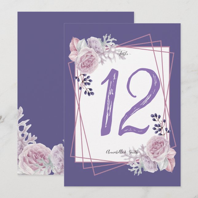Modern geometrisk ram lila Blommig  bord nummer Inbjudningar (Fram/baksida)