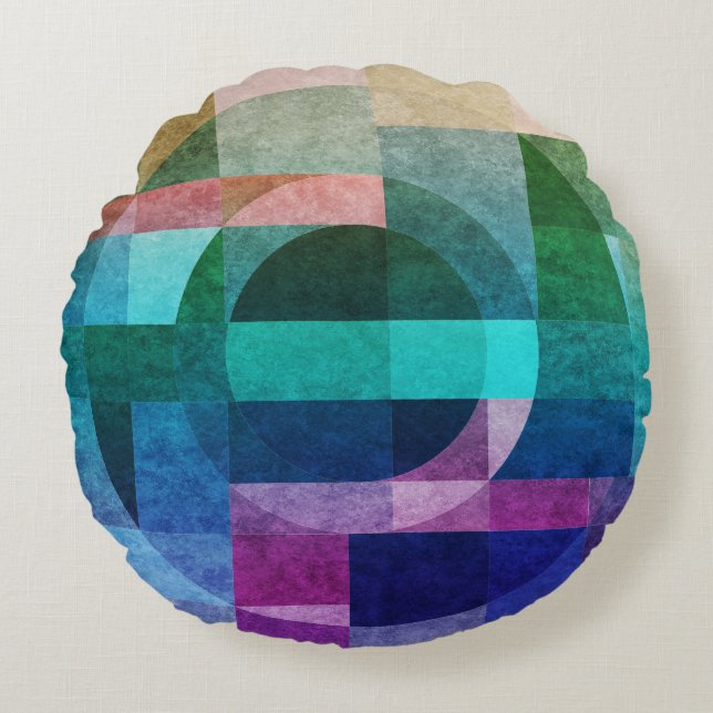 Modern geometrisk rosa av blå grönt i abstrakt rund kudde (Framsidan)