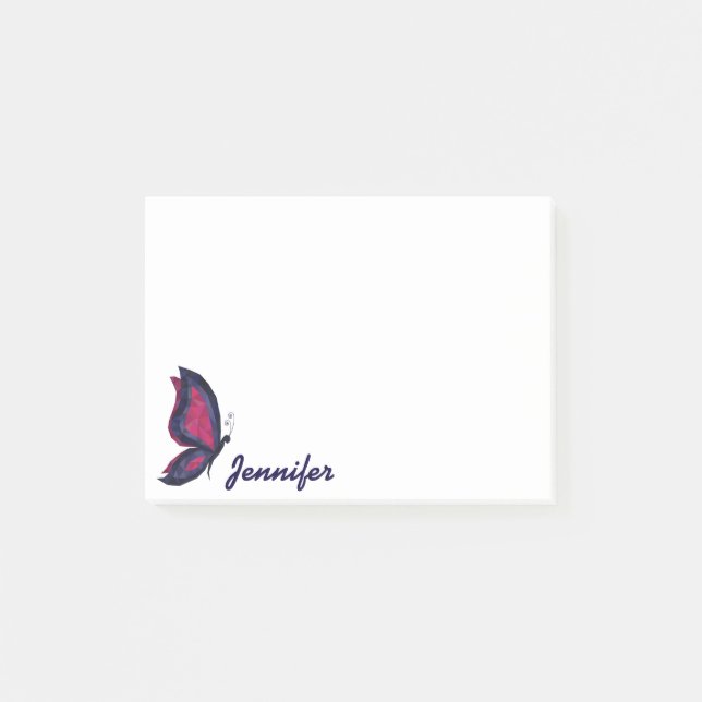 Modern geometrisk rosa/lila-fjäril namn post-it block (Framsida)