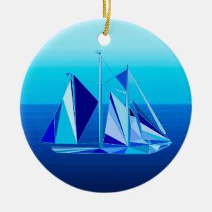 Modern geometrisk segelbåt/Yacht, koboltblå Julgransprydnad Keramik